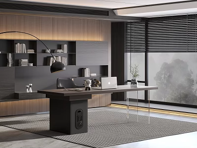 Modern Office Interior With Wooden Walls Bookshelf Large Desk Laptop And Mountain View Blinds 3d model