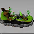 Decorative Garden Scene With Green Grass Stone Border Small Pool Orange Trunk And Red Flowers