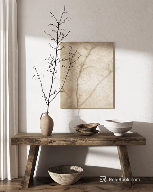 Minimalist Clay Vase with Twigs on Wooden Table with Wall Art and Natural Light 3d model 