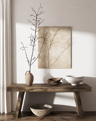 Minimalist Clay Vase with Twigs on Wooden Table with Wall Art and Natural Light 3d model