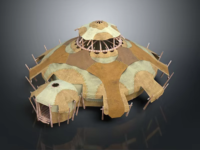Dual Dome Structure With Brown Beige Textured Surface And Wooden Support Poles 3d model