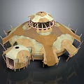 Dual Dome Structure With Brown Beige Textured Surface And Wooden Support Poles
