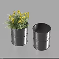 Bonsai Potted Plant With Yellow Small Flowers And Green Grass In Black Barrel Shaped Pot