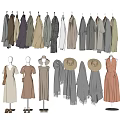 Stylish Clothes Collection With Hanging Outfits Mannequins Hats And Scarves In Neutral Tones