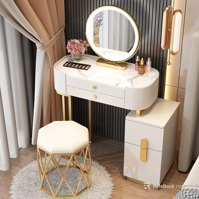 Elegant Modern Dressing Table With Marble Top Gold Accents Round Mirror And Stool 3d model 