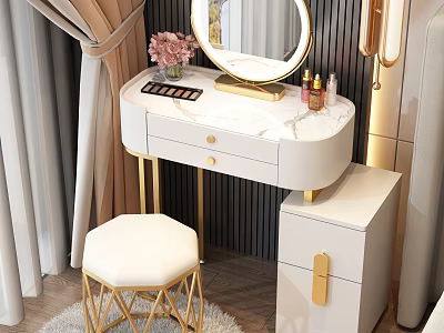 Elegant Modern Dressing Table With Marble Top Gold Accents Round Mirror And Stool 3d model