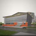 Modern School Building With Glass Facade Sloped Roof And Green Lawns By Road