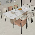 Modern Dining Table Set With Marble Top And Upholstered White Brown Chairs 3d model