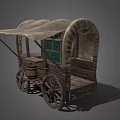 Classic Wooden Covered Wagon with Green Storage Cabinets Wooden Barrel and Wooden Wheels