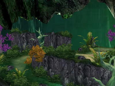 Enchanted Natural Landscape With Rocky Cliffs Vibrant Plants And Lush Green Backdrop 3d model