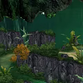 Enchanted Natural Landscape With Rocky Cliffs Vibrant Plants And Lush Green Backdrop