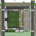 Football Field With Green Grass Surface Spectator Stands And Parking Spaces