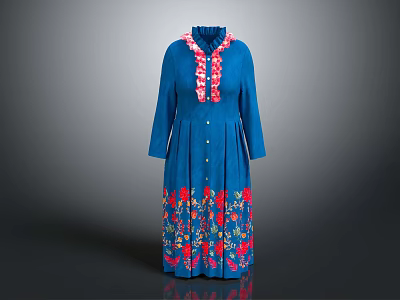 Blue Long Sleeve Dress With Ruffled Collar And Floral Embroidery Design 3d model