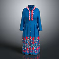 Blue Long Sleeve Dress With Ruffled Collar And Floral Embroidery Design