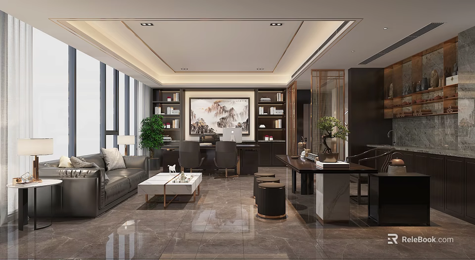 Modern Spacious Office Interior With Floor to Ceiling Windows Leather Sofa And Green Plants 3d model