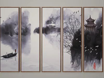 Traditional Chinese Ink Landscape Painting With Five Panels Mountains Rivers Boat Flying Birds And Pagoda 3d model