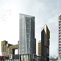 Modern High Rise Residential Building Complex With Glass Curtain Walls And Pedestrian Area