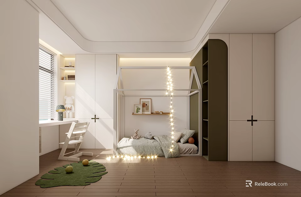 Modern Kids Room Interior With Canopy Bed String Lights White Green Cabinets And Window Desk 3d model 