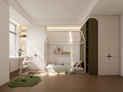 Modern Kids Room Interior With Canopy Bed String Lights White Green Cabinets And Window Desk 3d model