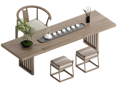 Wooden Tea Table and Chairs with Curved Backrest Stools Tea Set Tray and Green Plant 3d model