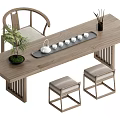 Wooden Tea Table and Chairs with Curved Backrest Stools Tea Set Tray and Green Plant