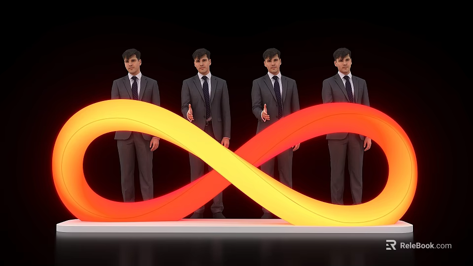 Four Men In Suits Standing By Launch Device With Orange Yellow Infinity Symbol 3d model