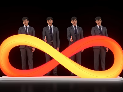 Four Men In Suits Standing By Launch Device With Orange Yellow Infinity Symbol 3d model