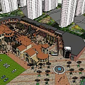 Vibrant Commercial Street With Plaza Buildings Pedestrian Area And Lush Greenery