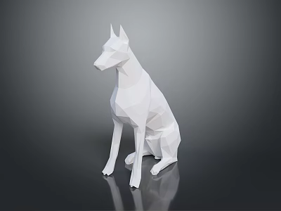 Low Poly White Dog Sitting On Reflective Black Background With Geometric Design 3d model