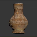 Antique Terracotta Vase With Intricate Carved Patterns And Decorative Handle Displayed On Dark Background