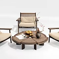 Wooden Round Table and Chair Set With Beige Cushions Vase Red Flowers Fruit Platter Book