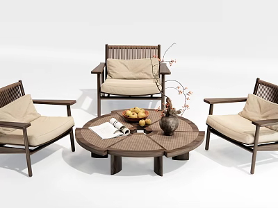 Wooden Round Table and Chair Set With Beige Cushions Vase Red Flowers Fruit Platter Book 3d model