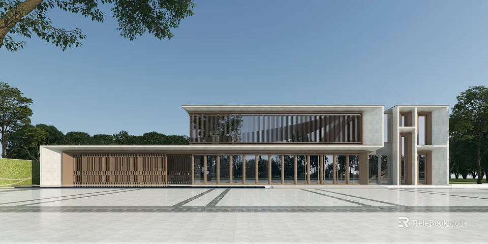 Modern Sales Office Building Exterior Design With Glass Curtain Wall Wooden Panels And Spacious Plaza 3d model 