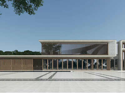 Modern Sales Office Building Exterior Design With Glass Curtain Wall Wooden Panels And Spacious Plaza 3d model