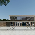 Modern Sales Office Building Exterior Design With Glass Curtain Wall Wooden Panels And Spacious Plaza