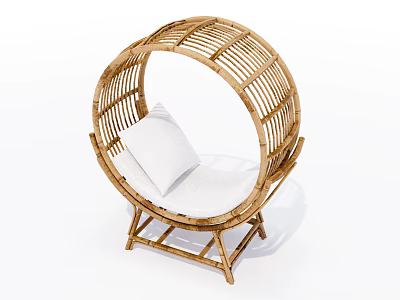 Natural Rattan Outdoor Chair With Round Design And White Cushion For Garden Use 3d model