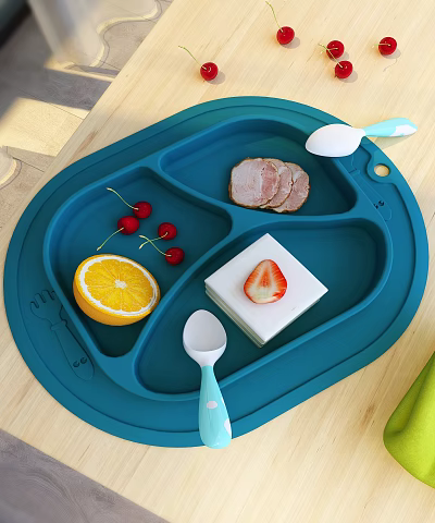 Kids Dinnerware Set with Silicone Divided Plate and Blue Spoons Including Fruit and Meat 3d model