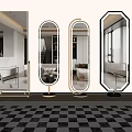 Various Shaped Decorative Mirrors With Gold Frames On Black And White Checkerboard Floor