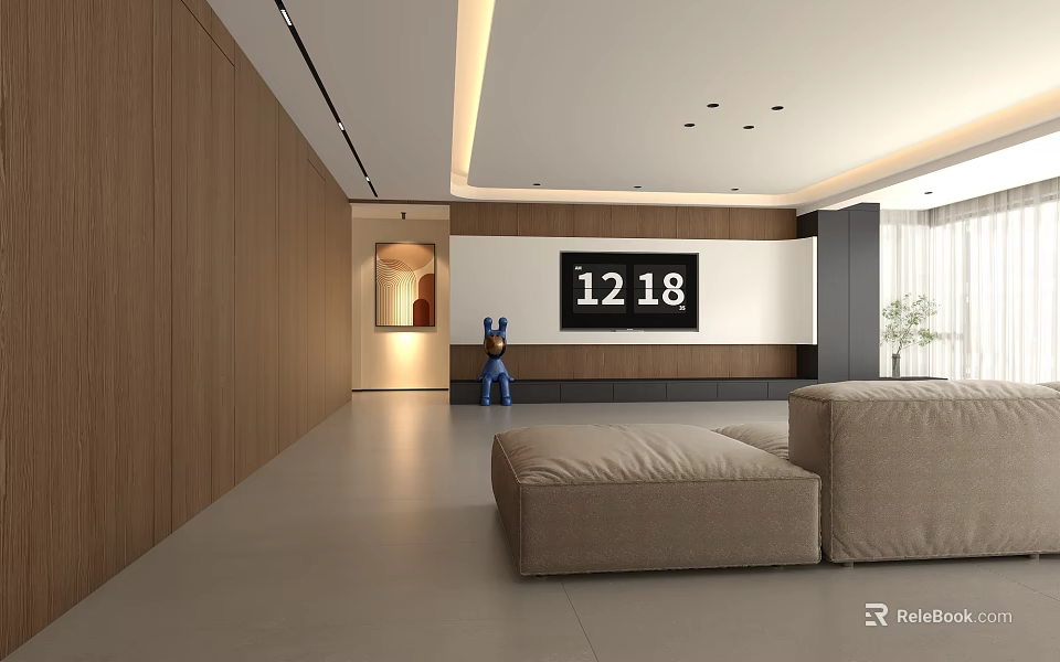 Modern Living Dining Room Interior With Wooden Walls Beige Sofa Black Screen And Recessed Lighting 3d model 