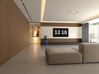 Modern Living Dining Room Interior With Wooden Walls Beige Sofa Black Screen And Recessed Lighting 3d model