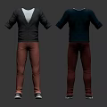 Men's Clothing Front Back View With Gray Cardigan Dark Blue Top Red And Maroon Pants