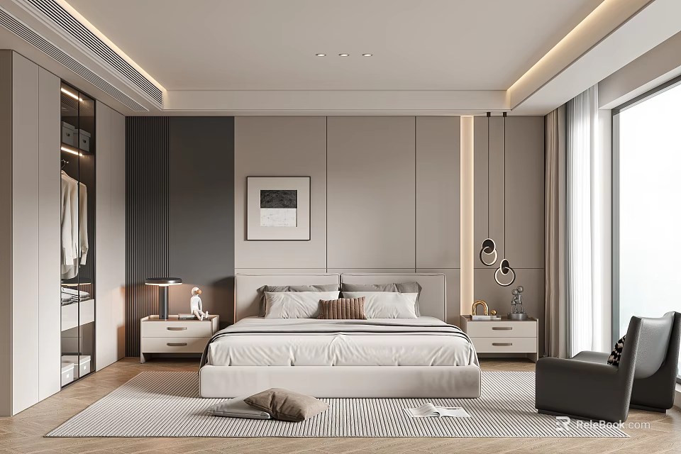 Modern Bedroom Interior Design With White Bed Bedside Tables Glass Wardrobe And Pendant Lights 3d model 