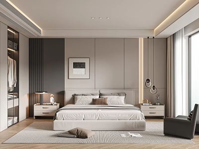 Modern Bedroom Interior Design With White Bed Bedside Tables Glass Wardrobe And Pendant Lights 3d model