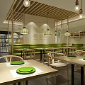Modern Restaurant Interior Design With Wooden Ceiling Hanging Lamps And Green Seats