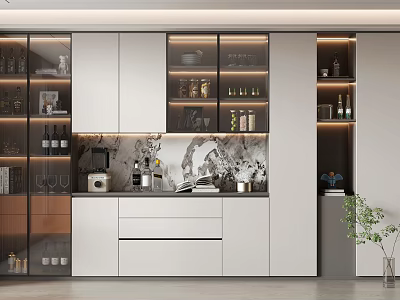 Modern Kitchen Interior With Wine Cabinet Glass Doors And Marble Countertop 3d model