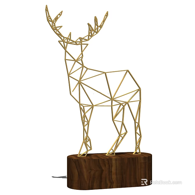 Golden Geometric Deer Shaped Table Lamp With Wooden Base For Home Decor 3d model 