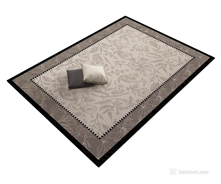 Square Rug with Leaf Pattern and Black Gray Border Featuring Small Box and Pillow 3d model