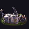 Cartoon Camper Van Scene With Satellite Dishes Street Lamp Table Boxes And Warning Sign