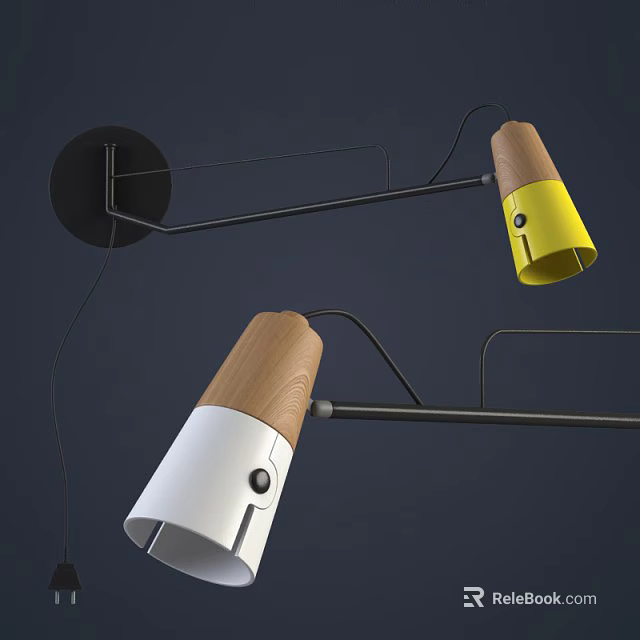 Modern Wall Lamp With Wooden Accents Yellow White Shades And Black Metal Arm 3d model 