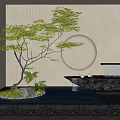 Zen Courtyard Garden Design With Bonsai Tree Stone Basin And Water Feature
